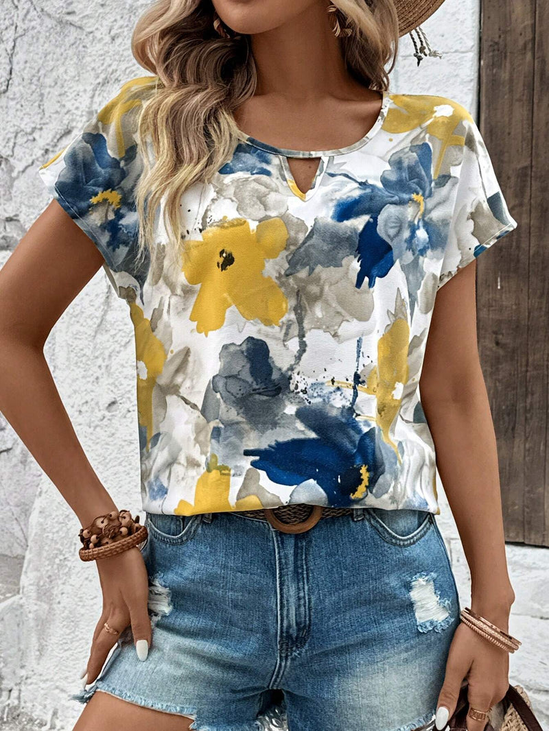 Camisa casual de vacaciones de verano para mujer con cuello redondo en V con estampado floral tenido anudado y de a grande