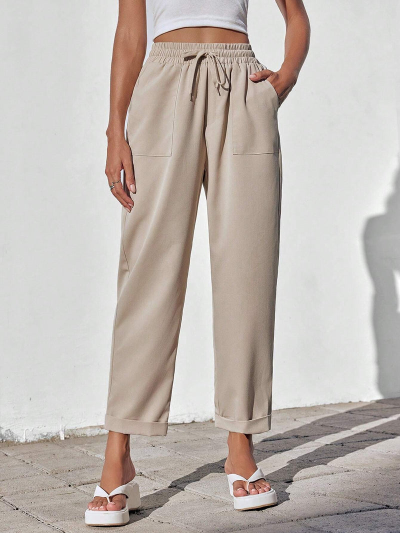 EZwear Pantalon largo casual de mujer con cintura ajustable con lazo y bolsillos, en unicolor