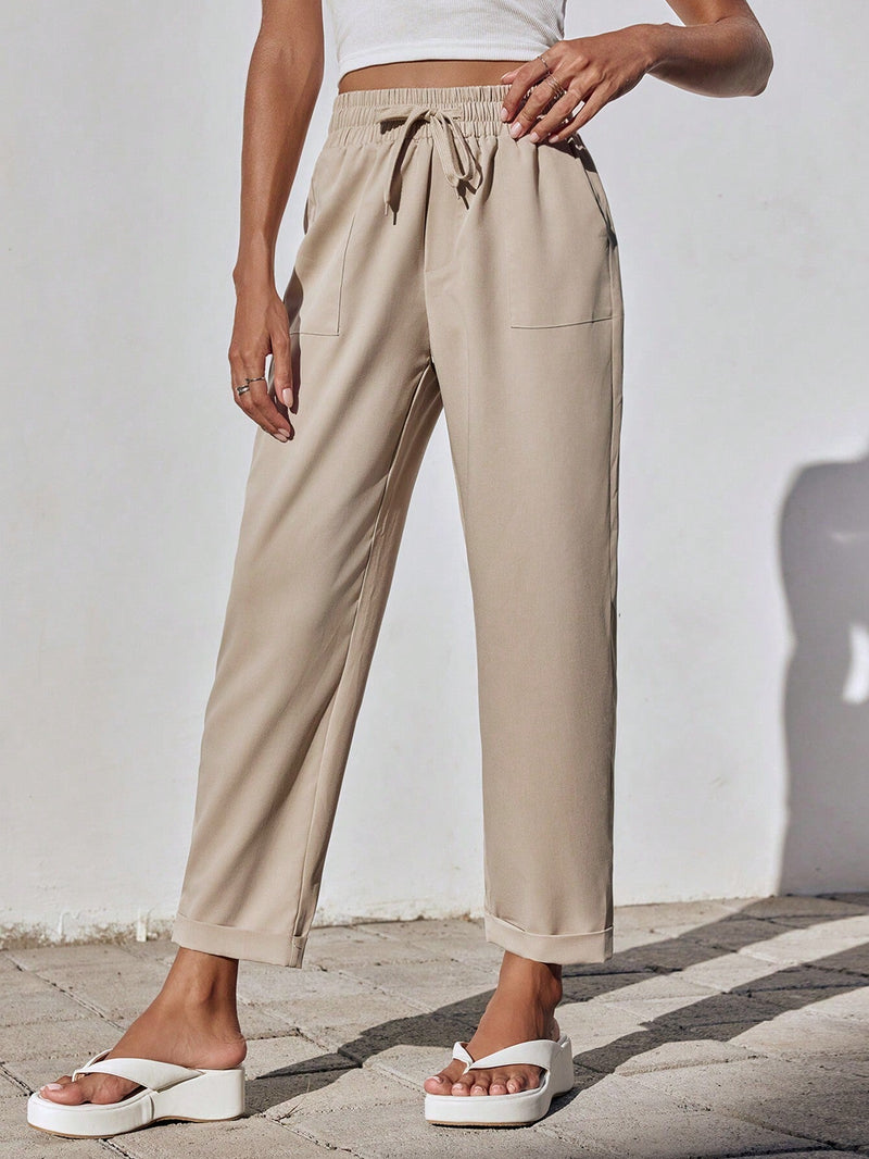 EZwear Pantalon largo casual de mujer con cintura ajustable con lazo y bolsillos, en unicolor