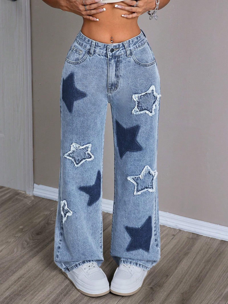 EZwear Jeans de pierna ancha para mujer con diseno desgastado y estampado de estrellas