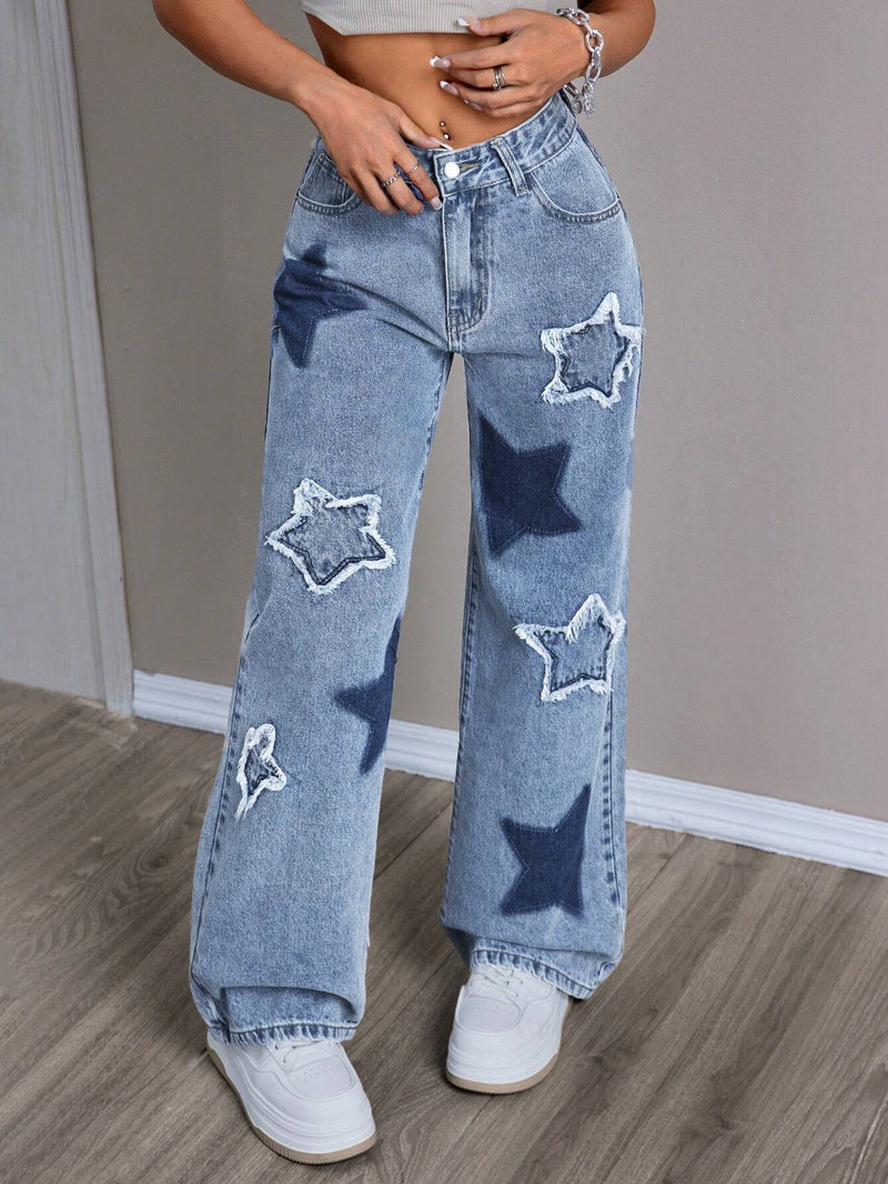 EZwear Jeans de pierna ancha para mujer con diseno desgastado y estampado de estrellas