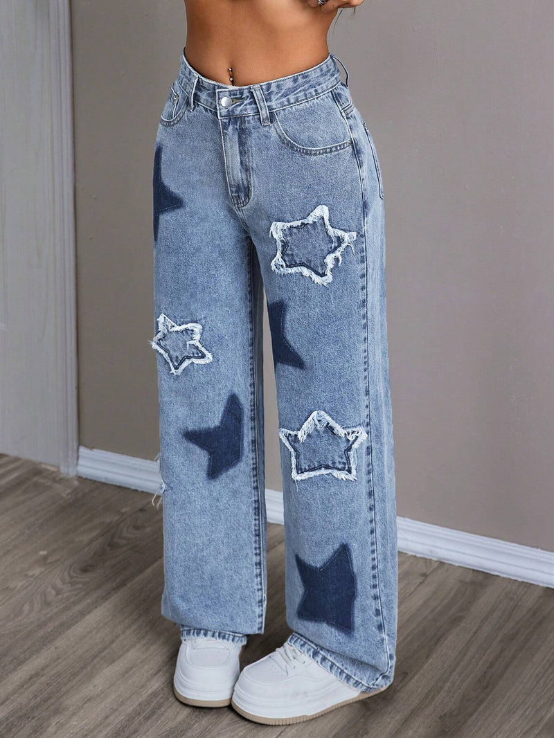 EZwear Jeans de pierna ancha para mujer con diseno desgastado y estampado de estrellas