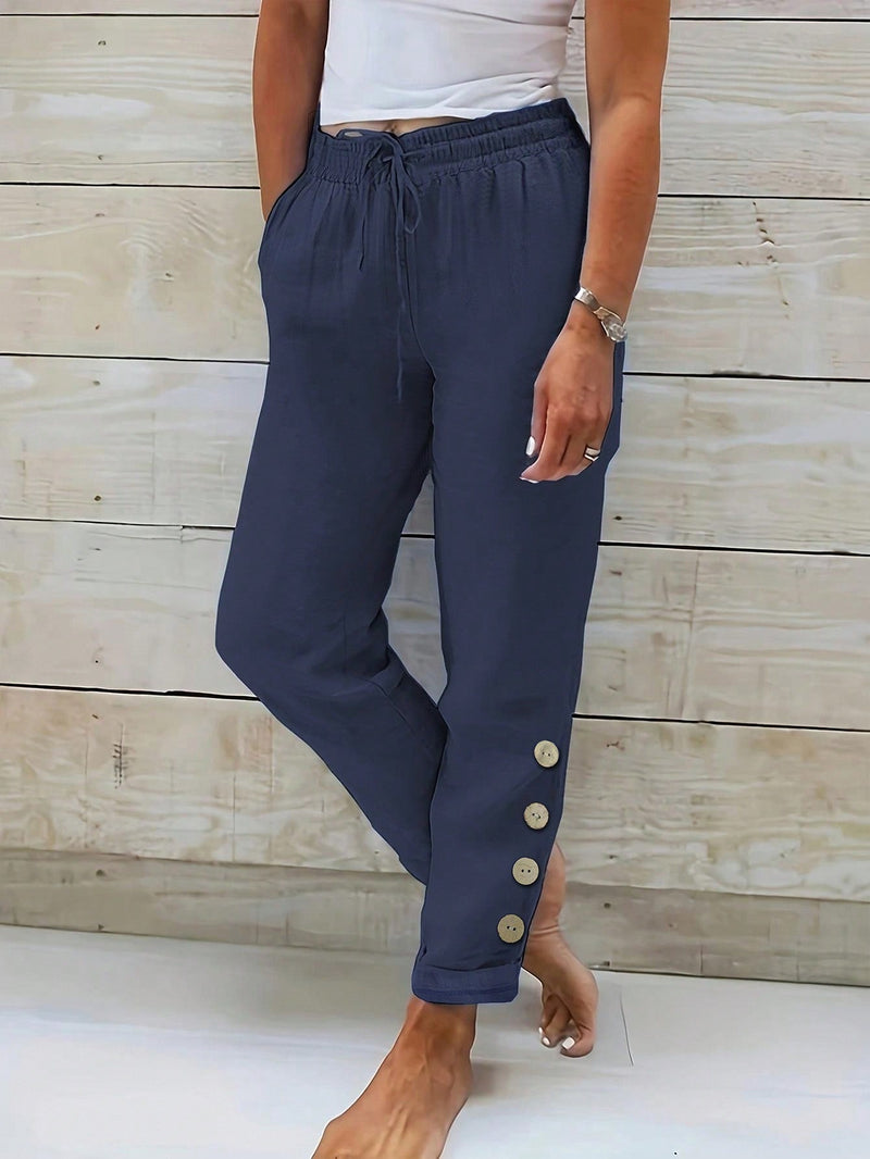 Pantalones largos informales de mujer con cintura ajustable con cordon y decoracion de botones en una sola tonalidad