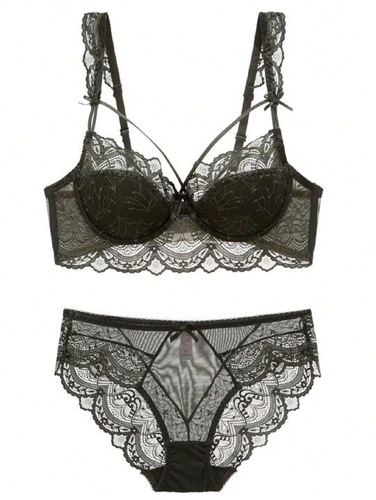 Conjunto De Sujetador De Encaje De Mujer Y Lenceria Delgada Con Diseno De Cruz Y Correa De Encaje Sexy Que Te Hace Lucir Mas Delgada, Incluyendo Bragas, 2 Piezas / Set
