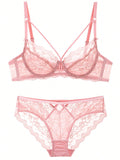 Conjunto de sujetador y bragas sexy para mujer con encaje transparente, sujetador ultra delgado y sin relleno invisible para bustos grandes con efecto de copa pequena.