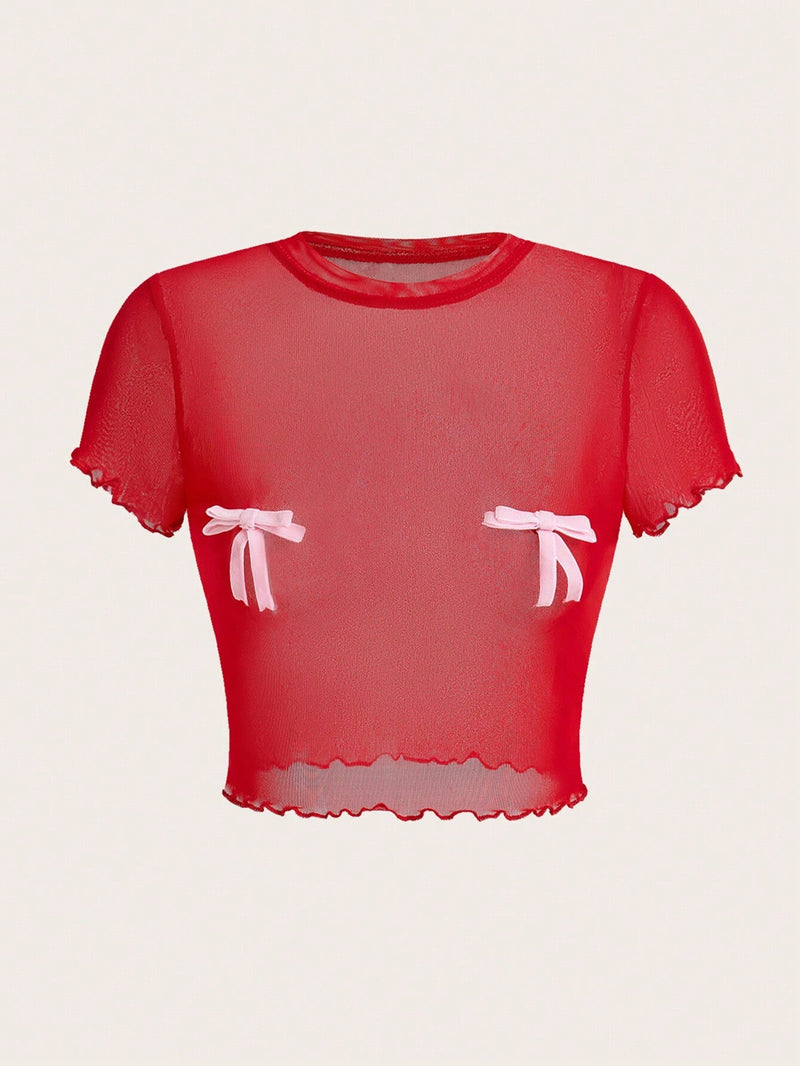 ICON Blusa de mujer ajustada y transparente de moda rosa Y2K con detalle de lazo en el cuello