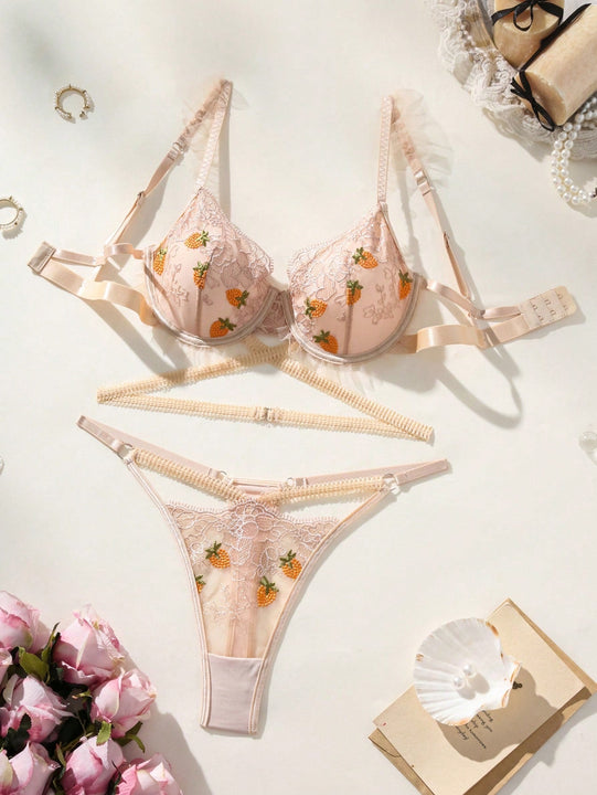Conjunto de sujetador de tiras finas con bordado romantico y braguitas de encaje (2 piezas)