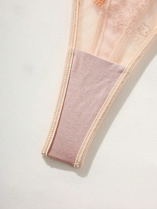 Conjunto de sujetador de tiras finas con bordado romantico y braguitas de encaje (2 piezas)