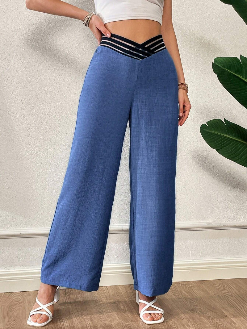 Essnce Pantalones anchos flojos de pierna ancha con diseno irregular en forma de V en la cintura de moda azul imitacion mezclilla de verano para mujer