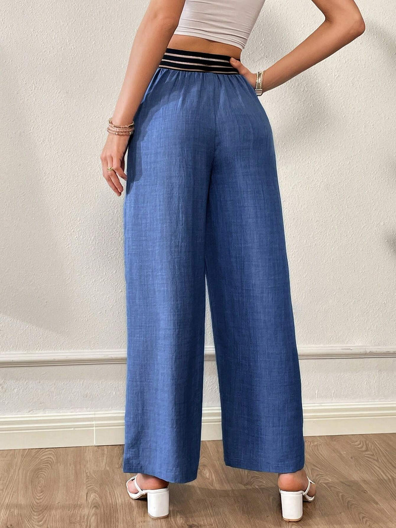 Essnce Pantalones anchos flojos de pierna ancha con diseno irregular en forma de V en la cintura de moda azul imitacion mezclilla de verano para mujer