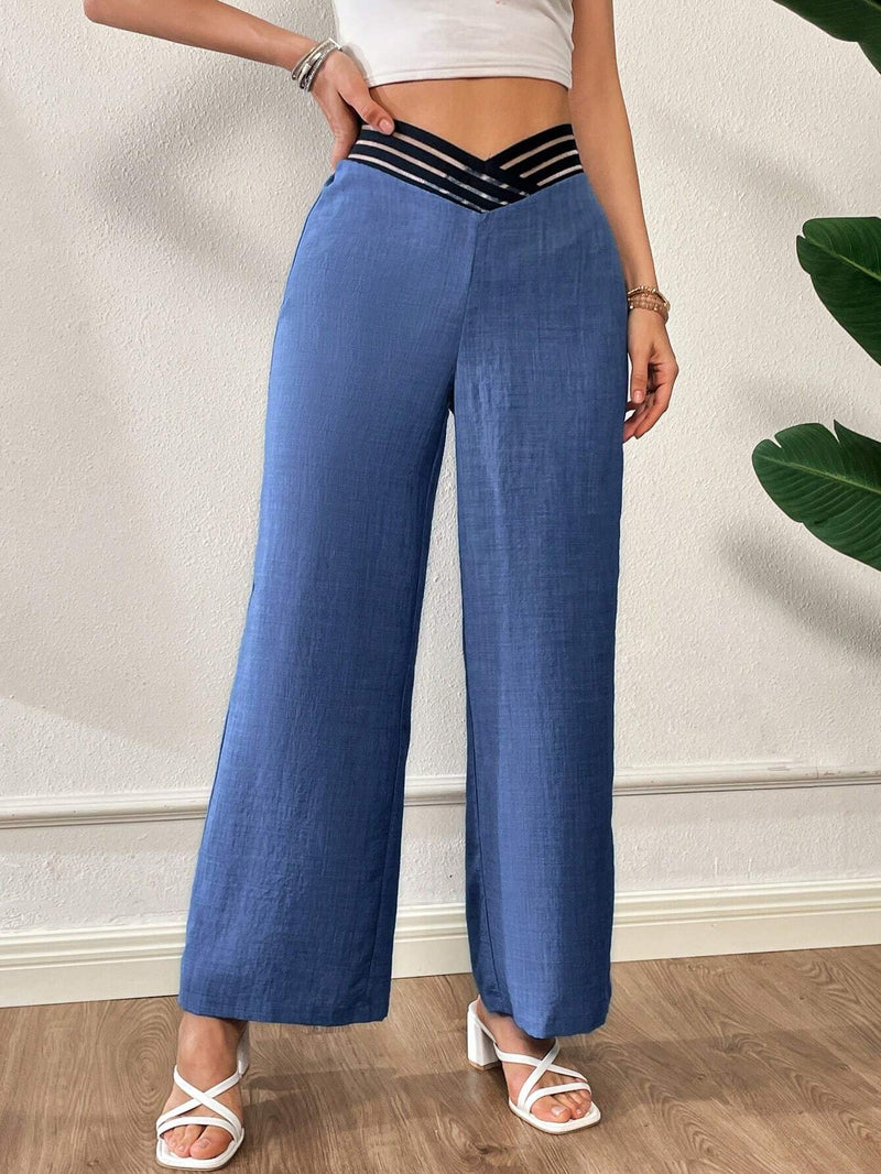 Essnce Pantalones anchos flojos de pierna ancha con diseno irregular en forma de V en la cintura de moda azul imitacion mezclilla de verano para mujer