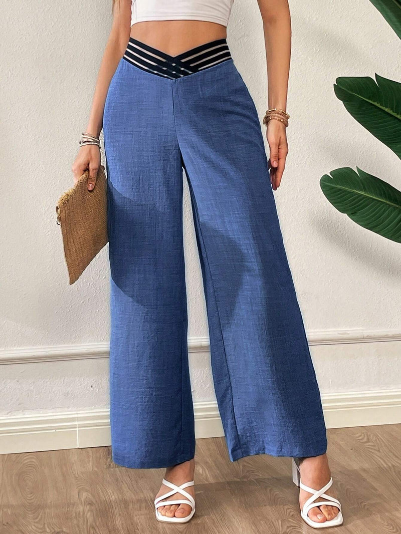 Essnce Pantalones anchos flojos de pierna ancha con diseno irregular en forma de V en la cintura de moda azul imitacion mezclilla de verano para mujer