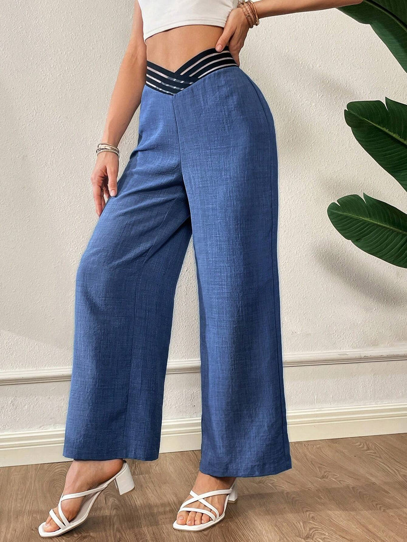 Essnce Pantalones anchos flojos de pierna ancha con diseno irregular en forma de V en la cintura de moda azul imitacion mezclilla de verano para mujer