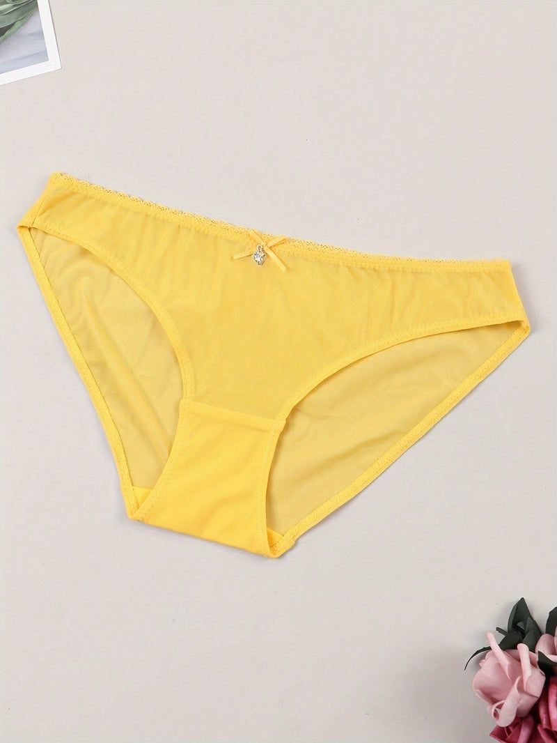 Ropa interior para mujer de patron amarillo sexy con lazo, adorno de colgante de corazon y brillantes