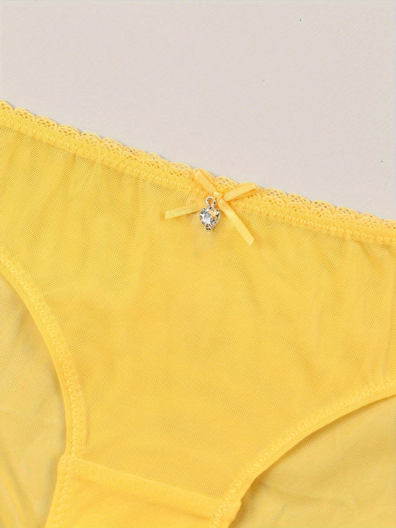 Ropa interior para mujer de patron amarillo sexy con lazo, adorno de colgante de corazon y brillantes