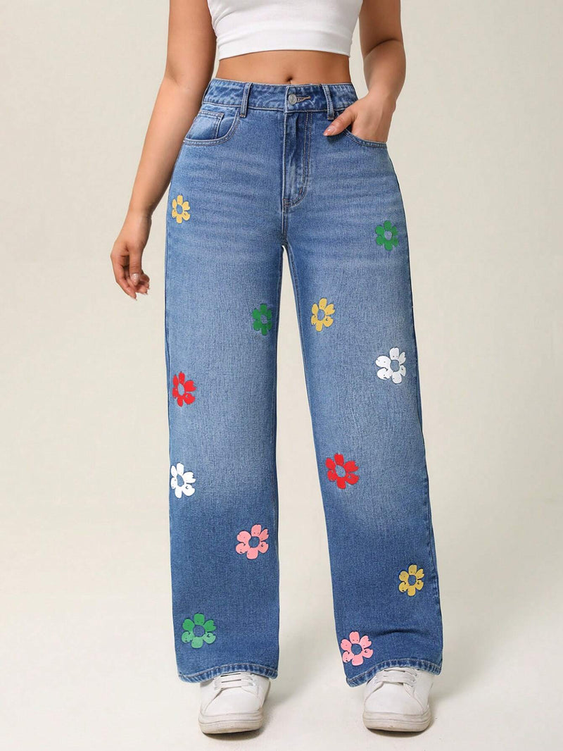 Essnce Jeans informales de mezclilla con estampado floral lavado en agua y pierna recta