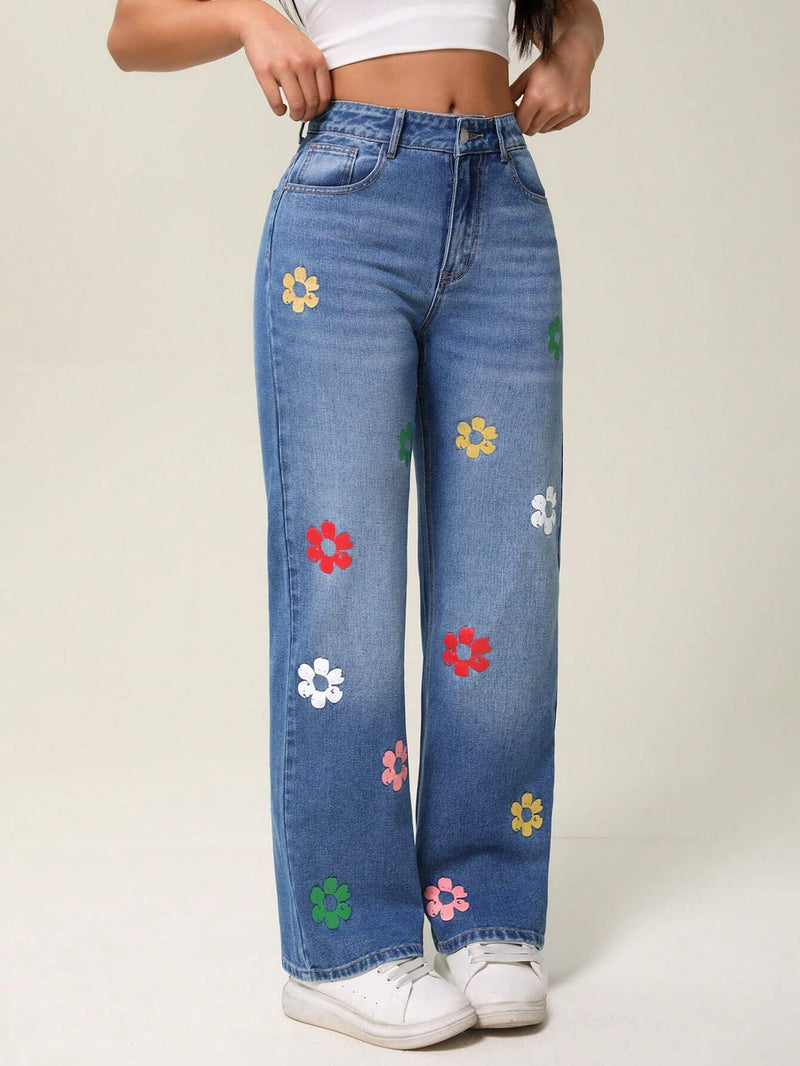 Essnce Jeans informales de mezclilla con estampado floral lavado en agua y pierna recta