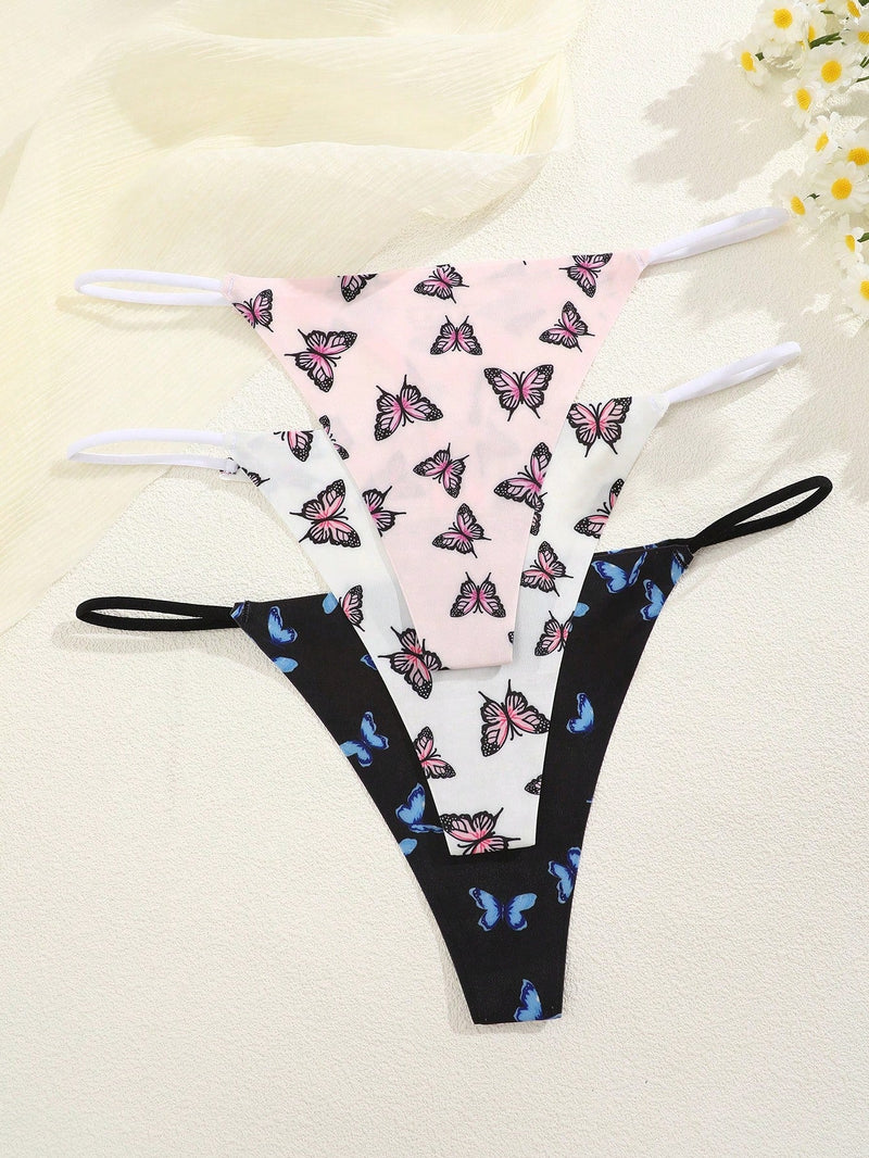 NEW 3 piezas de ropa interior tipo tanga elastica sin costuras con estampado de mariposas, cintura baja y cordon delgado para mujeres