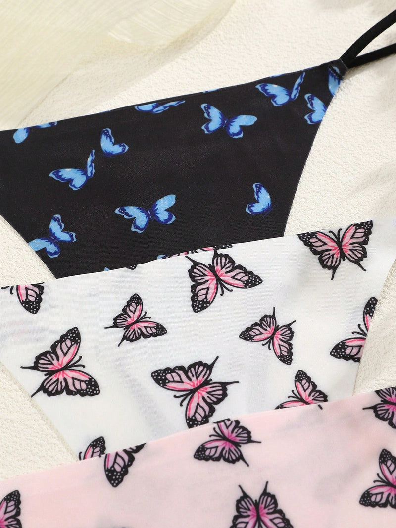 NEW 3 piezas de ropa interior tipo tanga elastica sin costuras con estampado de mariposas, cintura baja y cordon delgado para mujeres