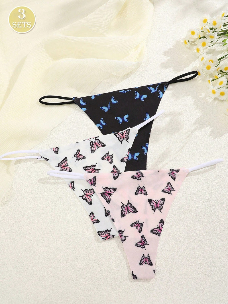 NEW 3 piezas de ropa interior tipo tanga elastica sin costuras con estampado de mariposas, cintura baja y cordon delgado para mujeres