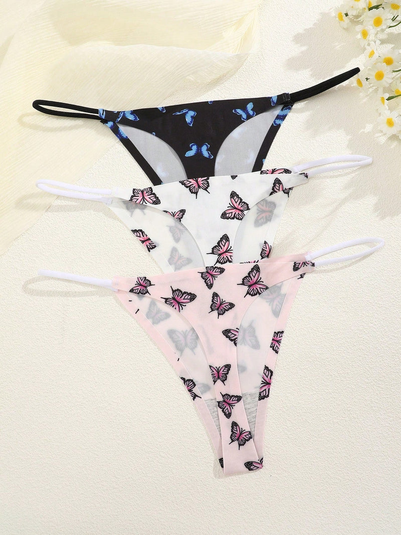 NEW 3 piezas de ropa interior tipo tanga elastica sin costuras con estampado de mariposas, cintura baja y cordon delgado para mujeres