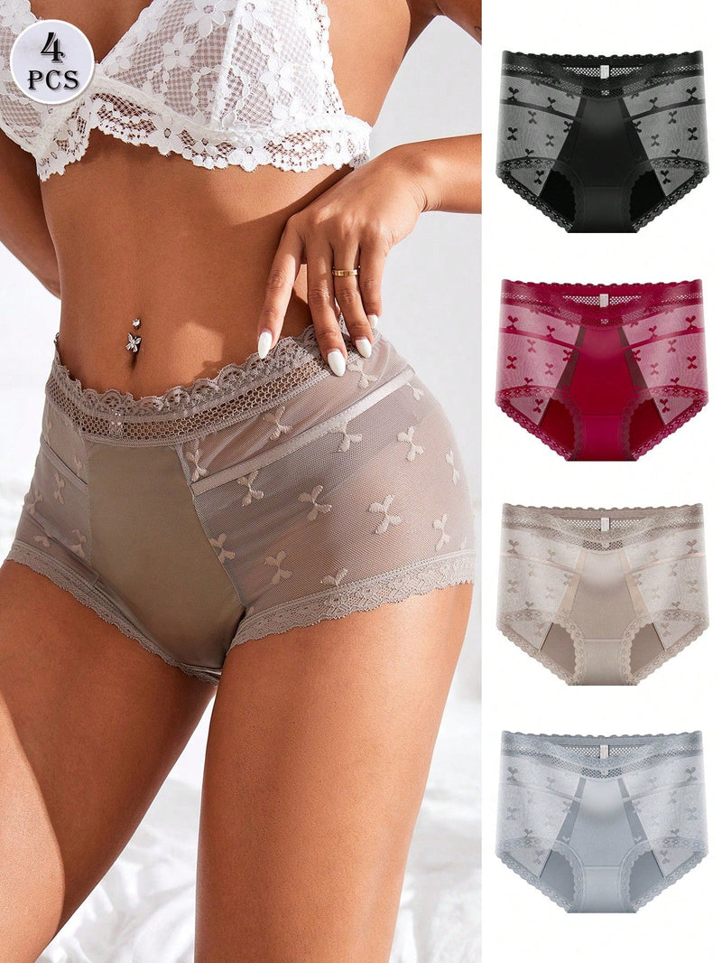 4 piezas Sexy Encaje Edge Malla transparente de cintura alta Triangulo Panties