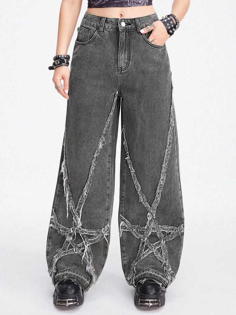 ROMWE Grunge Punk Jeans de mezclilla de pierna ancha para mujer con ajuste holgado y bolsillos de parche de estrella