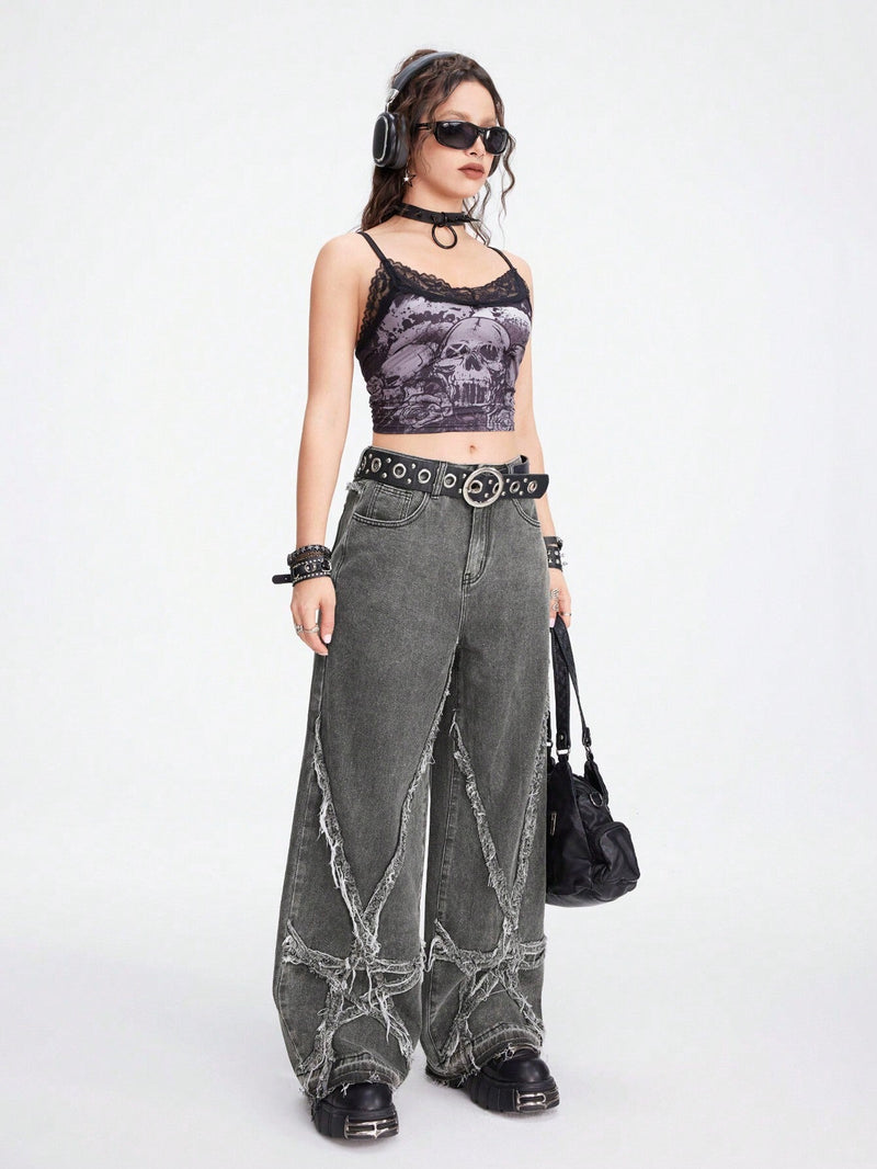 ROMWE Grunge Punk Jeans de mezclilla de pierna ancha para mujer con ajuste holgado y bolsillos de parche de estrella