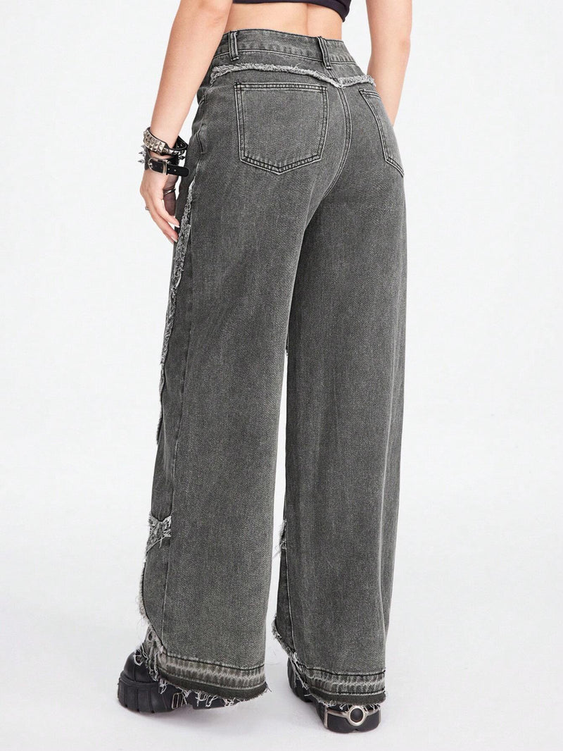 ROMWE Grunge Punk Jeans de mezclilla de pierna ancha para mujer con ajuste holgado y bolsillos de parche de estrella