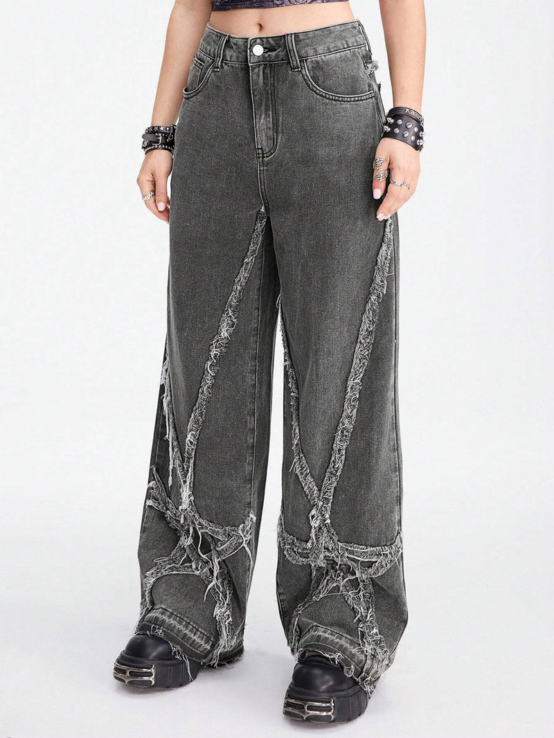 ROMWE Grunge Punk Jeans de mezclilla de pierna ancha para mujer con ajuste holgado y bolsillos de parche de estrella