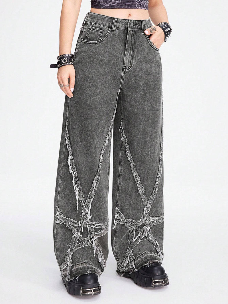 ROMWE Grunge Punk Jeans de mezclilla de pierna ancha para mujer con ajuste holgado y bolsillos de parche de estrella