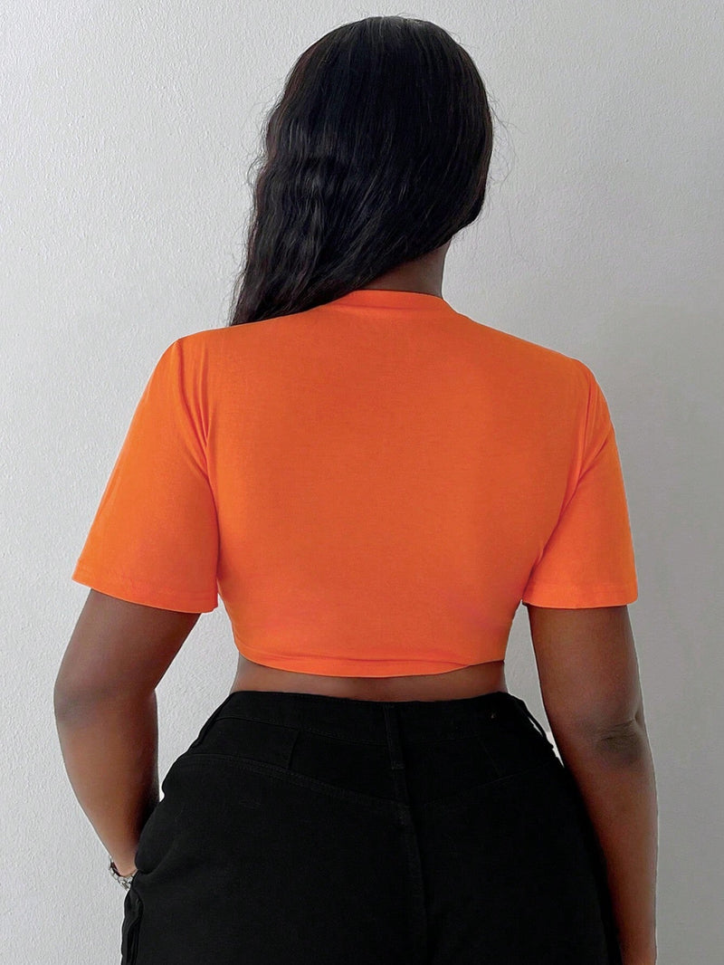 Slayr Camisa casual de mujer de color naranja recortada con cuello redondo y cuello en V abierto, mangas amplias y estampado de letras inglesas con placket