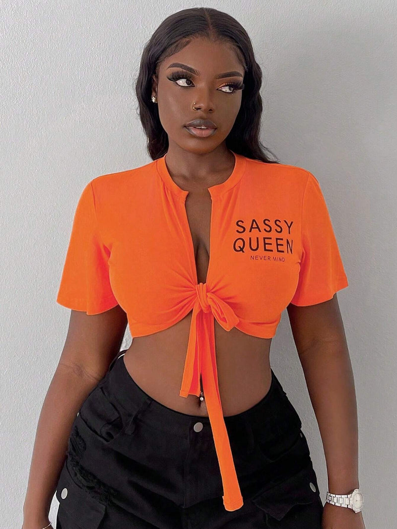 Slayr Camisa casual de mujer de color naranja recortada con cuello redondo y cuello en V abierto, mangas amplias y estampado de letras inglesas con placket