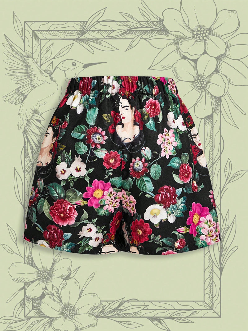 Frida Kahlo X  Corto estampado con figura y flores, de ocio y verano, con cinturon