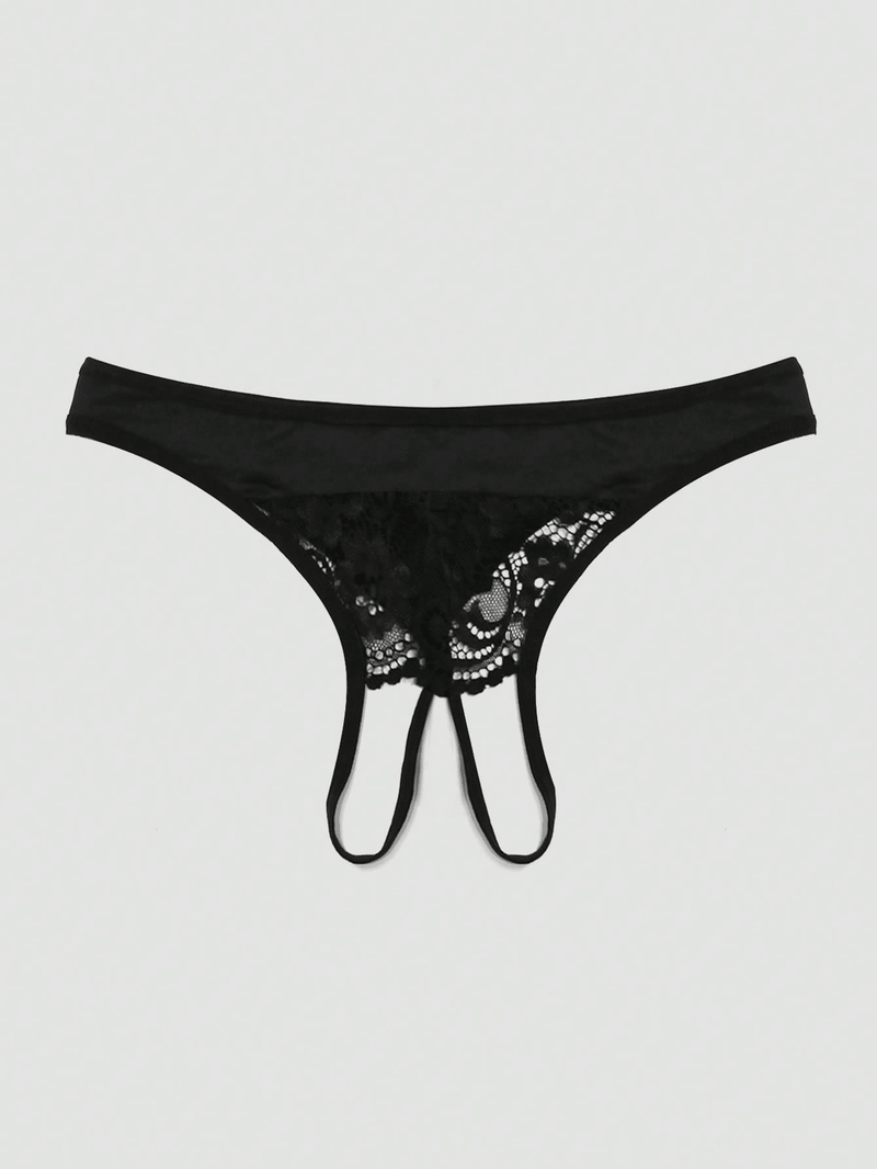 Panties sexys para mujer con tanga abierta con encaje y patron impreso en la parte posterior