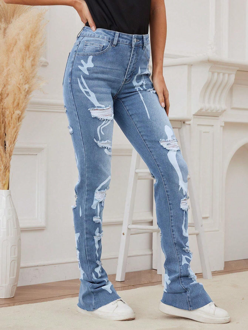 Jeans largos y ajustados de moda para mujer con rasgones