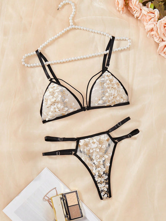 Conjunto de lenceria sexy para mujer de 2 piezas con sujetador con copa triangular transparente con bloqueo de color y tanga en T hueca sin entrepierna