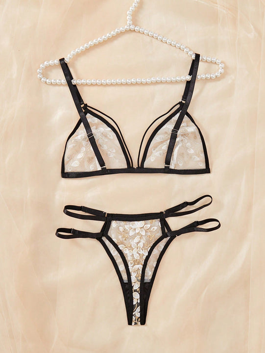 Conjunto de lenceria sexy para mujer de 2 piezas con sujetador con copa triangular transparente con bloqueo de color y tanga en T hueca sin entrepierna