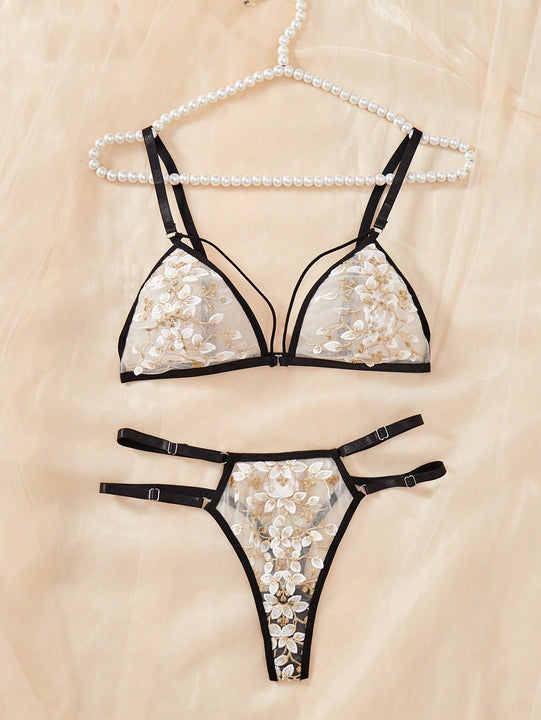 Conjunto de lenceria sexy para mujer de 2 piezas con sujetador con copa triangular transparente con bloqueo de color y tanga en T hueca sin entrepierna