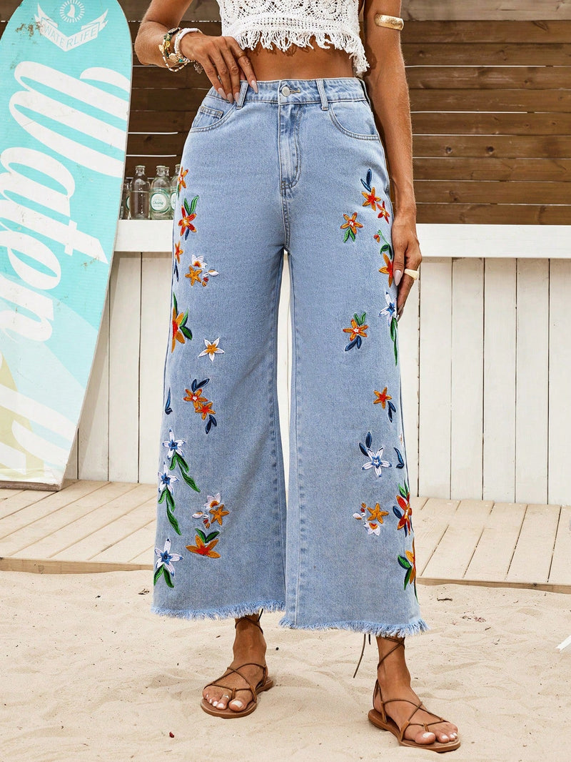 VCAY Mujeres Jeans de mezclilla azul holgado con decoracion de bordado, adecuado para vacaciones en la playa y atuendo casual