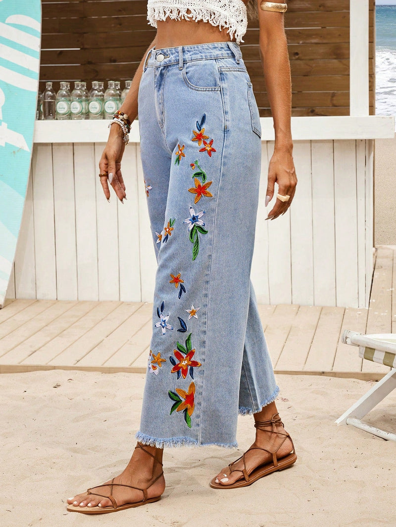 VCAY Mujeres Jeans de mezclilla azul holgado con decoracion de bordado, adecuado para vacaciones en la playa y atuendo casual