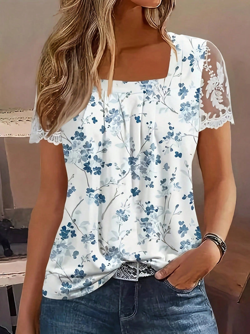 LUNE Camisa de manga corta para mujer con ribetes de malla y cuello cuadrado con estampado floral, para verano