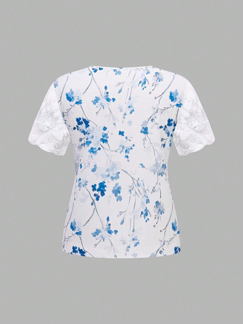 Camisa de manga corta para mujer con ribetes de malla y cuello cuadrado con estampado floral, para verano