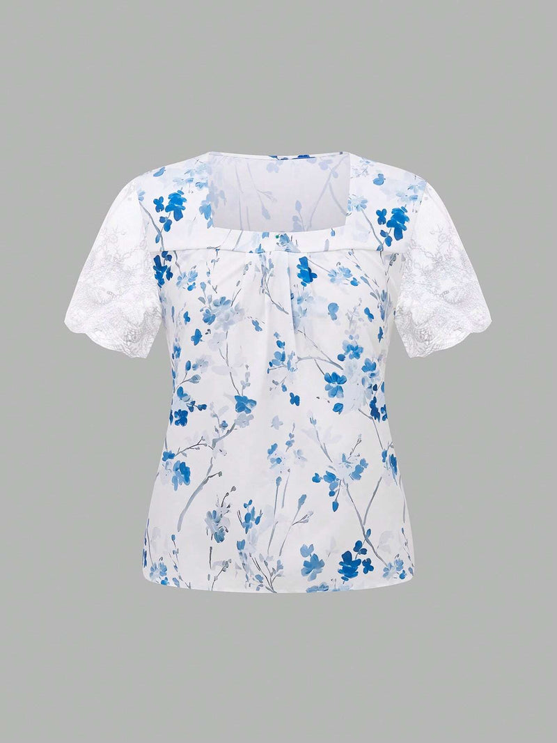 Camisa de manga corta para mujer con ribetes de malla y cuello cuadrado con estampado floral, para verano