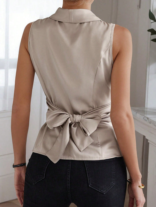 Clasi Camisa sin mangas de unicolor para mujer, casual de verano, con collar drapeado y dobladillo fruncido