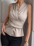 Clasi Camisa sin mangas de unicolor para mujer, casual de verano, con collar drapeado y dobladillo fruncido
