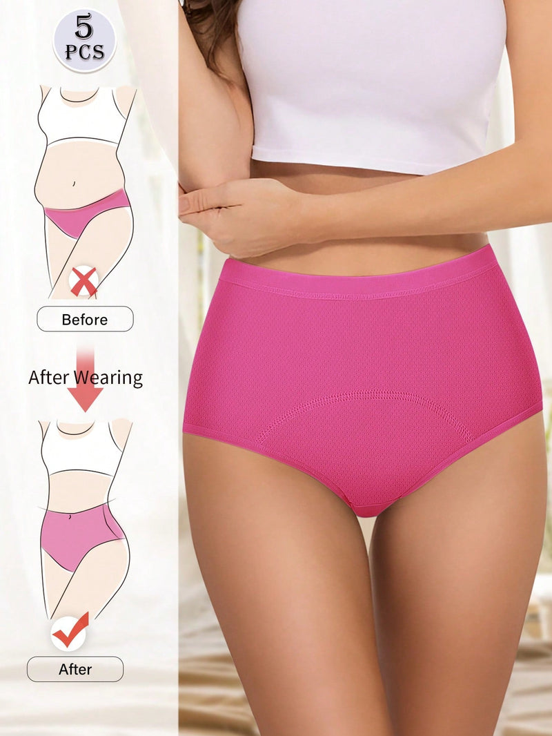 Conjunto de 5 piezas de ropa interior sin costuras de seda helada transpirable para mujer, pantis de triangulo de cintura alta a prueba de fugas con agujeros de malla