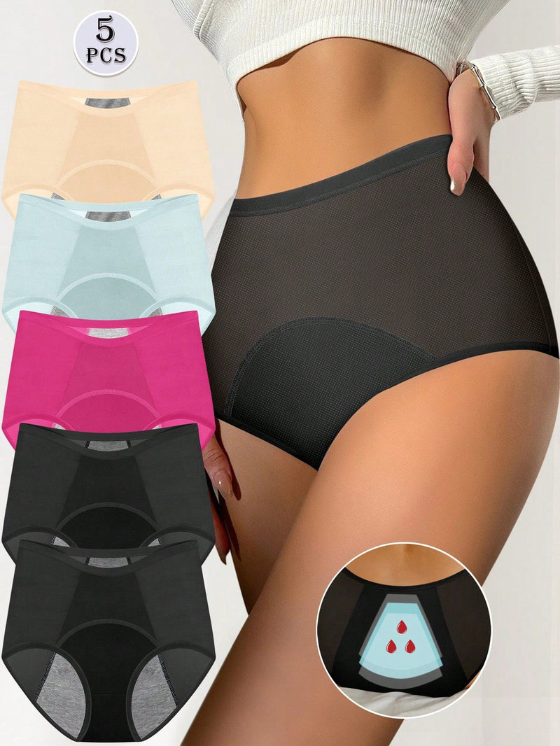 Conjunto de 5 piezas de ropa interior sin costuras de seda helada transpirable para mujer, pantis de triangulo de cintura alta a prueba de fugas con agujeros de malla