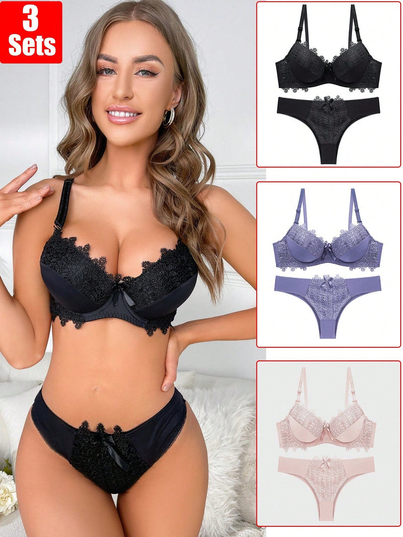 Set de 3 piezas de sujetador sexy de encaje, estilo frances, copa B, push-up, Set de ropa interior de moda para mujeres