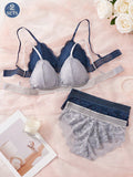 Conjunto de ropa interior de sujetador inalambrico de encaje de flores comodo para mujeres, 2 juegos